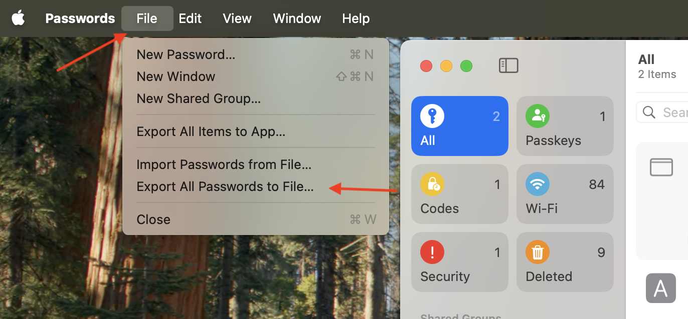 Export passwords settings